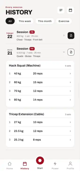 ARIS PRO showing a hack squat set: the movement graph, and every rep&rsquo;s velocity, tempo and consistency