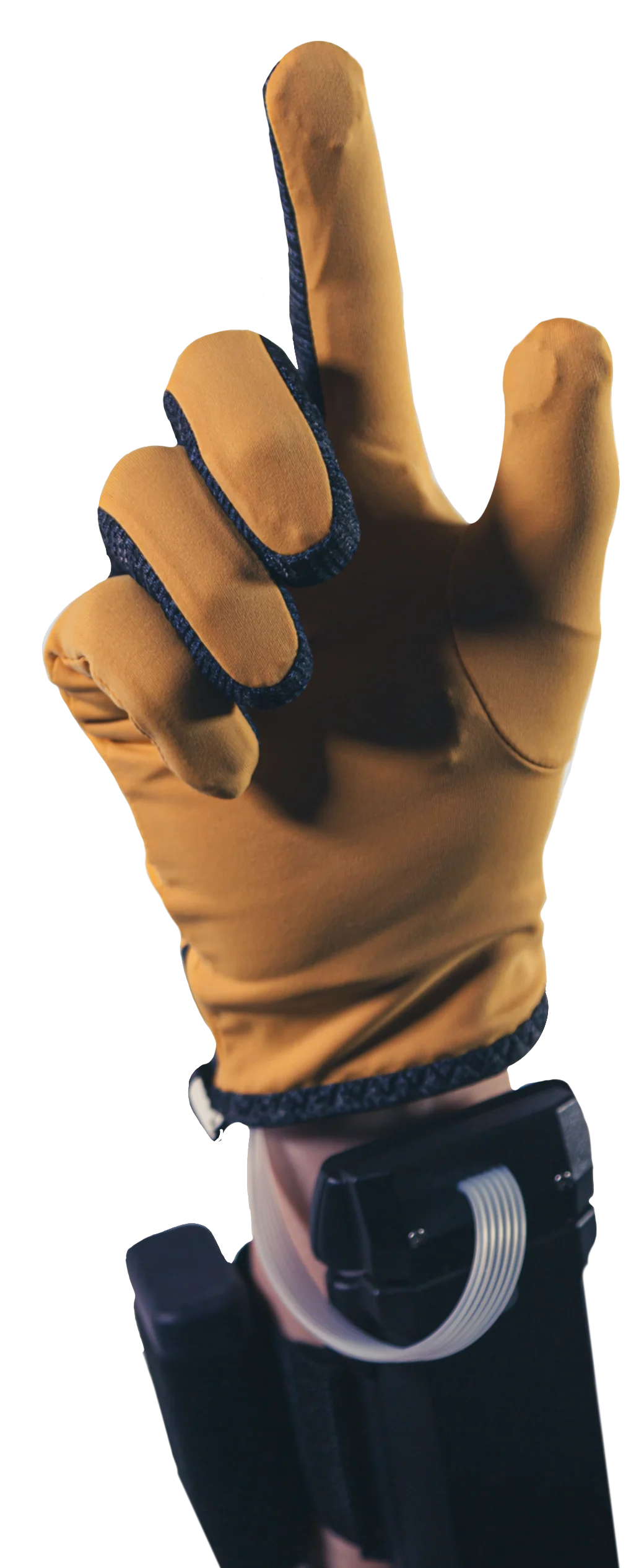 A HEXR glove, pointing, with its six touch points marked