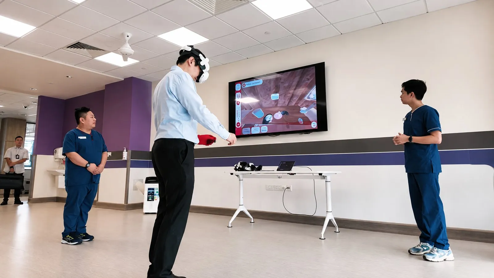 A trainee nurse in a VR headset and HEXR gloves, watched by two instructors in a hospital training room